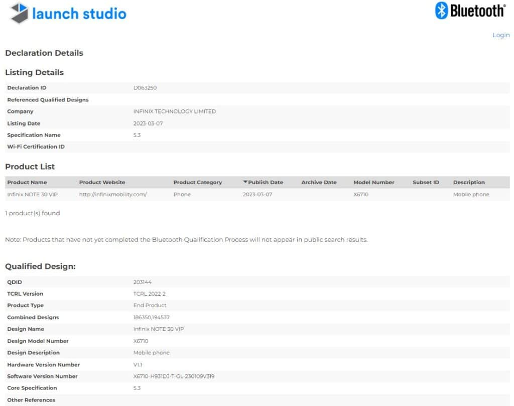 Смартфон Infinix Note 30 VIP появился в Bluetooth SIG